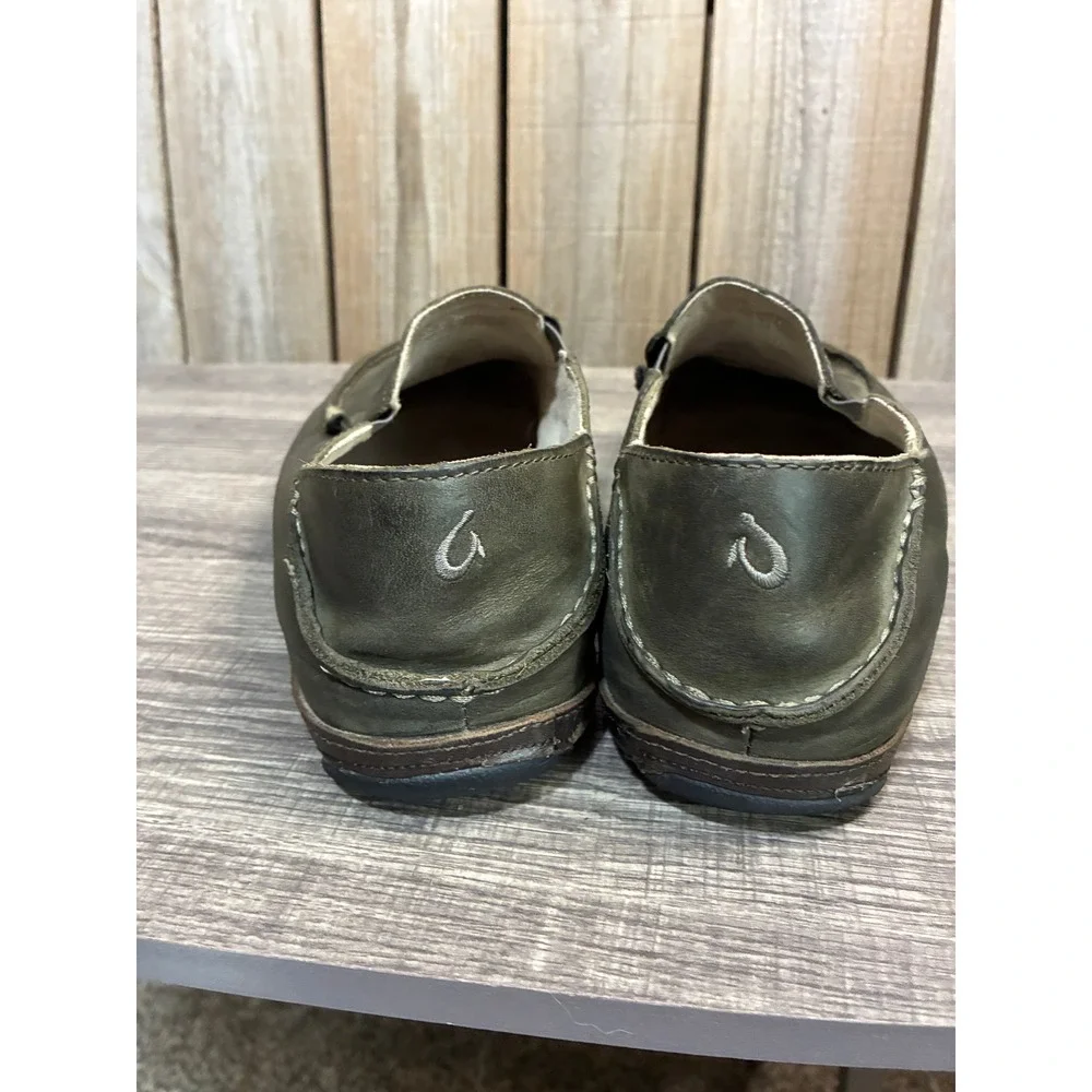 OluKai Moloa Mens Dark Olive Green Leather Slip On Loafers Shoes 10128-7A7C 11.5